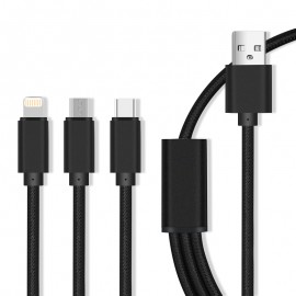 Kabel Maxlife 3in1 nylon Micro USB / Typ-C / 8-PIN Fast Charge 2.1A Black