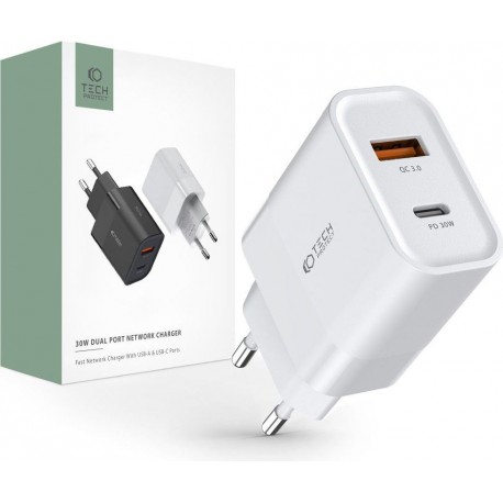 Szybka ładowarka sieciowa USB + USB Typ C 30W PD QC 3.0 Tech-Protect White